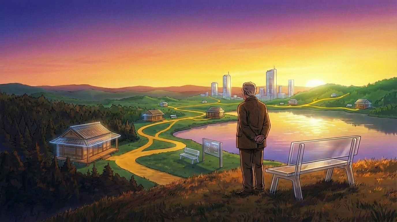 湖畔のベンチに佇む後ろ姿